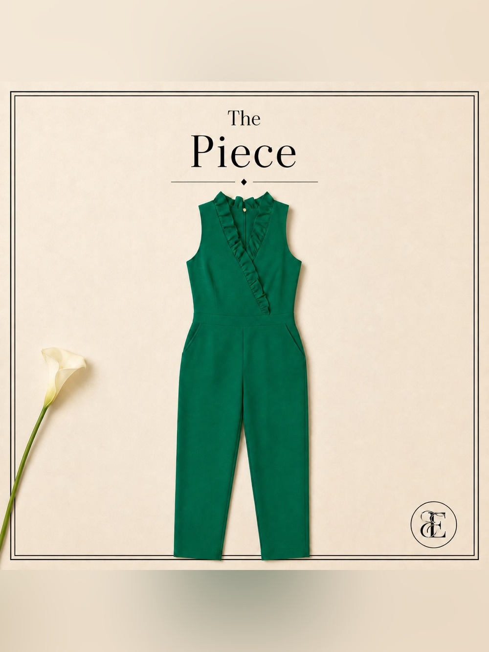 Trina Turk Emerald Green Ruffle Jumpsuit Size 8 Cocktail Wedding Guest